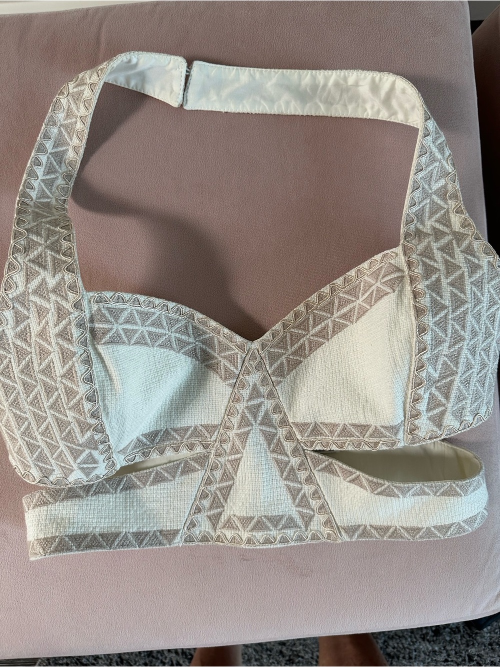 BCBGMaxAzria Cream and Tan Embroidered Halter Crop Top